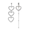 Silver Triple Heart Asymmetrical Long Chain Stud Earrings view 6
