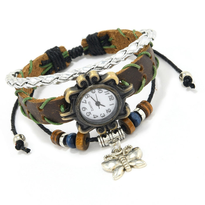 Vintage Braided Leather Rope Bracelet Watch For Women, Bohemian Butterfly Pendant Couple Jewelry