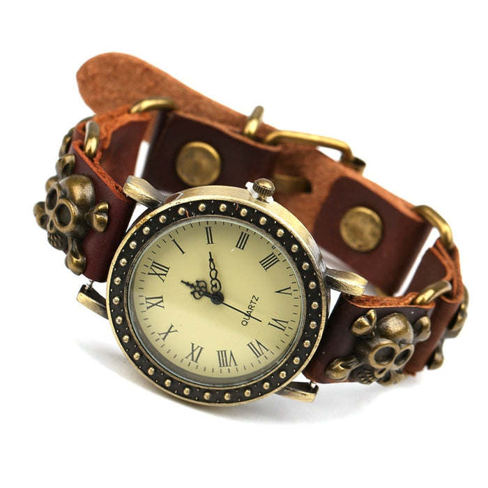 Punk Vintage Skull Genuine Leather Watch Bracelet, Adjustable Men's Leather Wristband