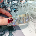 Silver Tone Six Row Clear Rhinestone Stretch Cuff Bracelet view 6