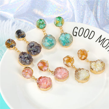 Gold Tone Double Round Druzy Drop Stud Earrings in Four Colors