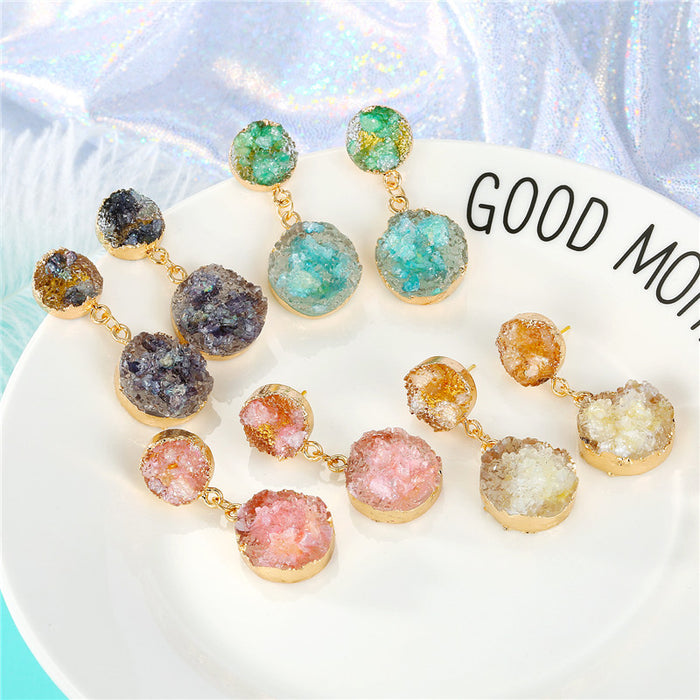 Gold Tone Double Round Druzy Drop Stud Earrings in Four Colors