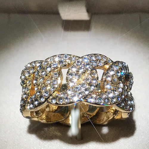 Second product view showing chunky gold-tone pave Cuban chain link ring