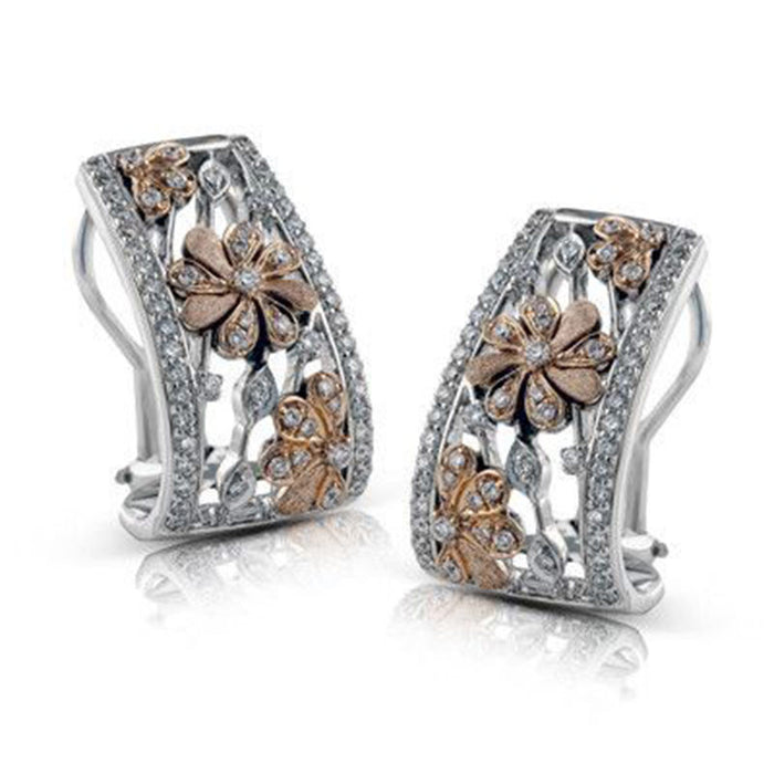Two Tone Openwork Floral Crystal Huggie Earrings Jewelry
