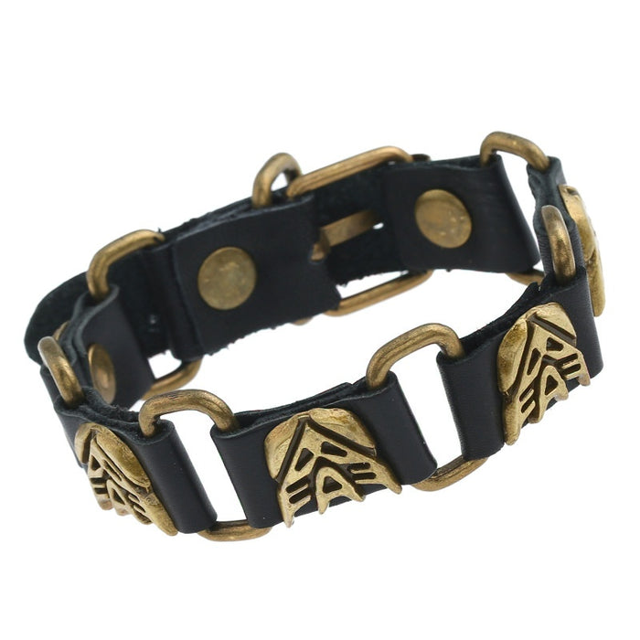 European American Punk Linked Cowhide Leather Bracelet Rock Street Style Men's Wristband