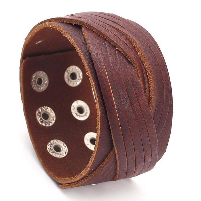 Vintage Multi Layer Handmade Braided Cowhide Leather Bracelet, Punk Hip Hop Men's Wristband