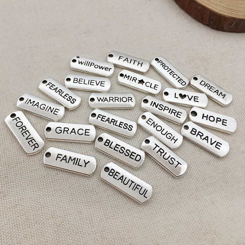 Tibetan Silver Zinc Alloy Rectangle Inspirational English Letter Tag Pendant for DIY Jewelry