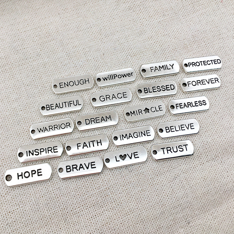 Tibetan Silver Zinc Alloy Rectangle Inspirational English Letter Tag Pendant for DIY Jewelry