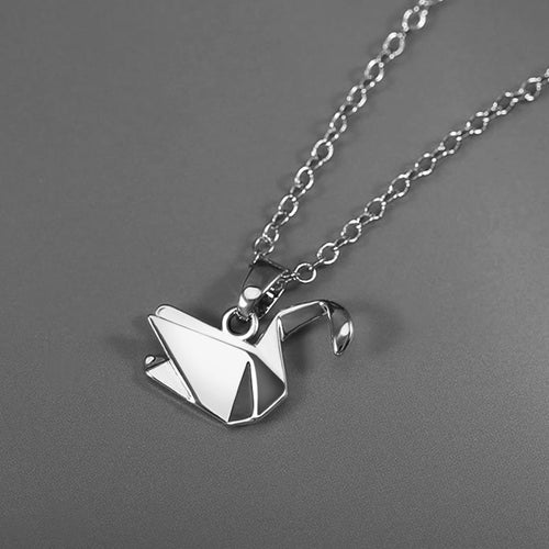 Front product view of silver tone origami crane pendant necklace