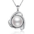 Silver Tone White Pearl and Crystal Swirl Pendant Necklace view 1