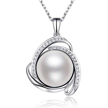 Silver Tone White Pearl and Crystal Swirl Pendant Necklace