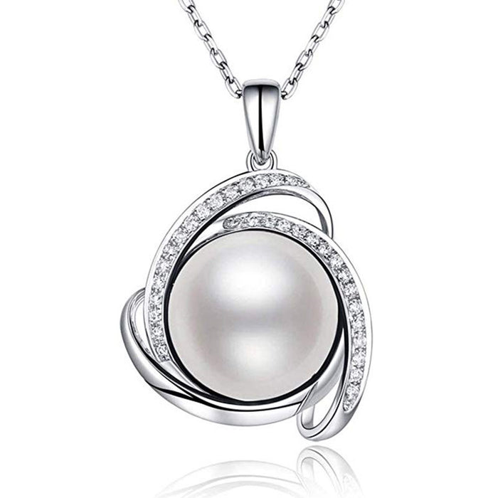 Silver Tone White Pearl and Crystal Swirl Pendant Necklace