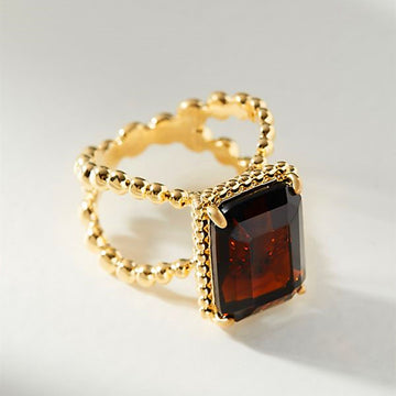 Gold Beaded Double Band Red Rectangular Stone Ring Alloy