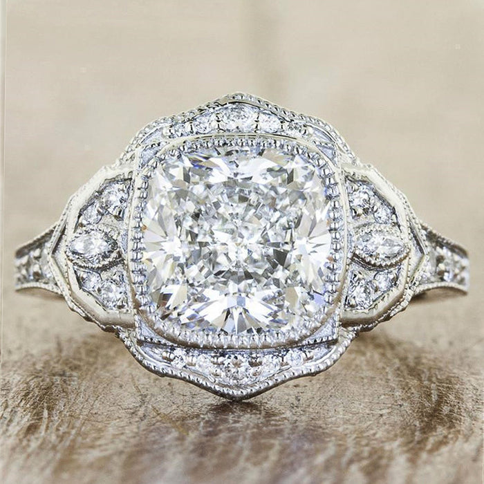 Silver Tone Ornate Halo Ring with Large Round Clear Stone