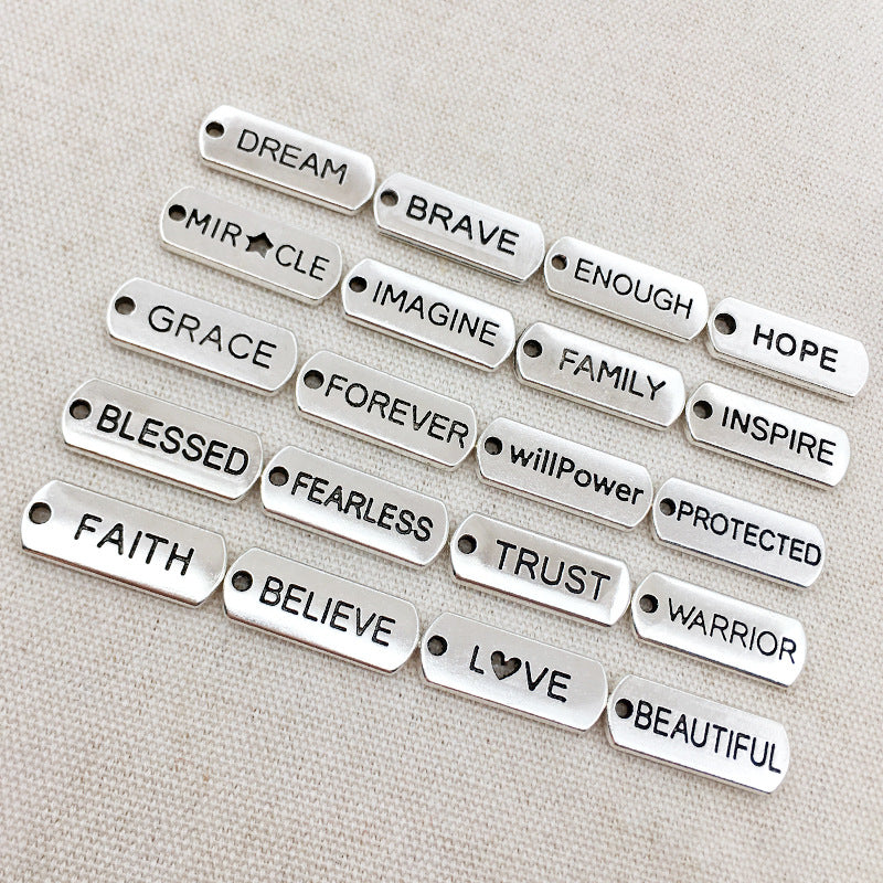 Tibetan Silver Zinc Alloy Rectangle Inspirational English Letter Tag Pendant for DIY Jewelry