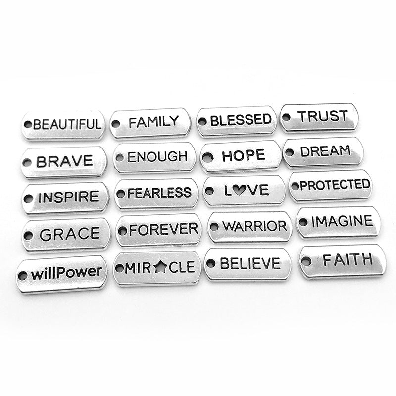 Tibetan Silver Zinc Alloy Rectangle Inspirational English Letter Tag Pendant for DIY Jewelry
