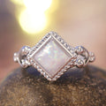 Silver-Tone Square Opalescent Ring With Filigree Shoulders view 2