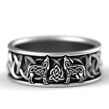 Double Wolf Celtic Knot Wide Band Ring Antiqued Silver Tone