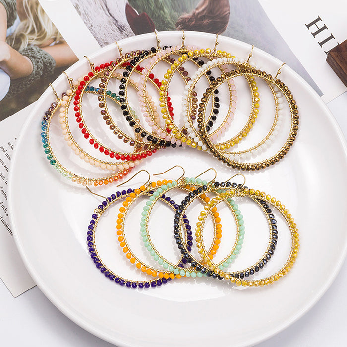 Gold Wire Wrapped Faceted Bead Large Hoop Earrings