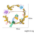 Enamel Bird Floral Wreath Brooch Red Yellow Green Birds view 5