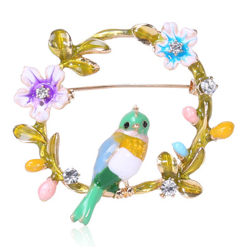 Enamel Bird Floral Wreath Brooch Red Yellow Green Birds