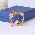 Enamel Bird Floral Wreath Brooch Red Yellow Green Birds view 6