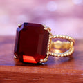Gold Beaded Double Band Red Rectangular Stone Ring Alloy view 2