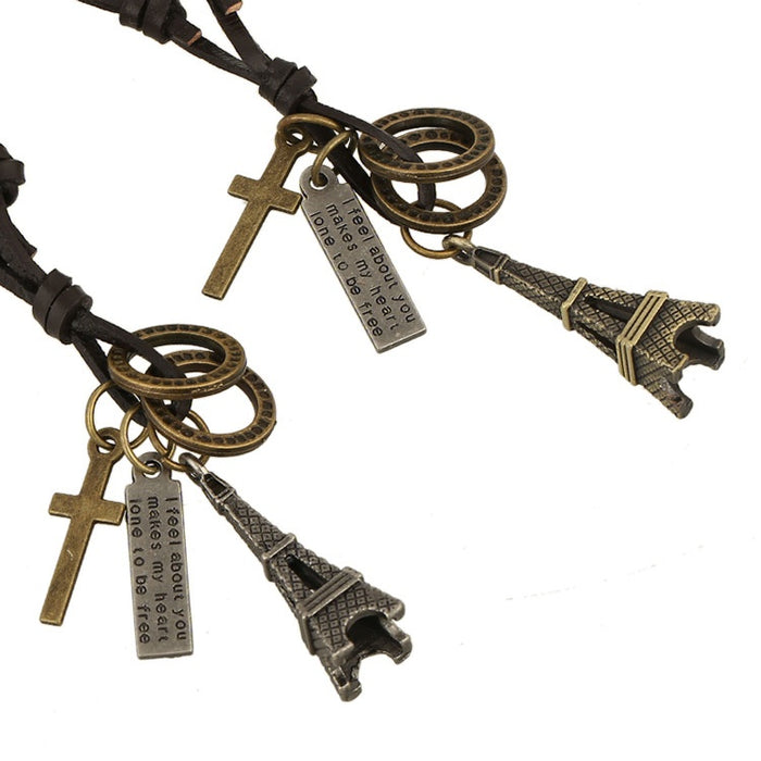 Alloy Eiffel Tower Pendant Cowhide Leather Necklace Long Unisex Genuine Leather Sweater Chain