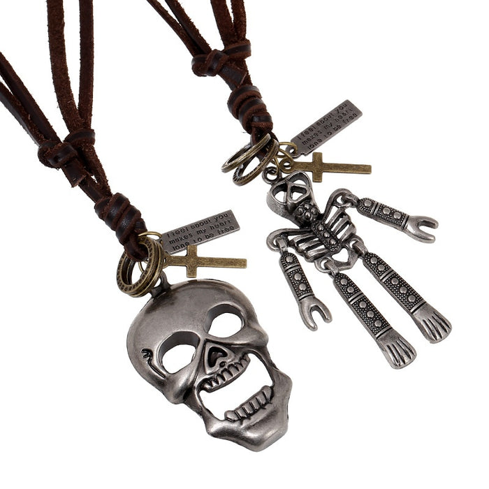 Direct Vintage Skull Head Cowhide Leather Necklace Long Men's Sweater Chain Jewelry