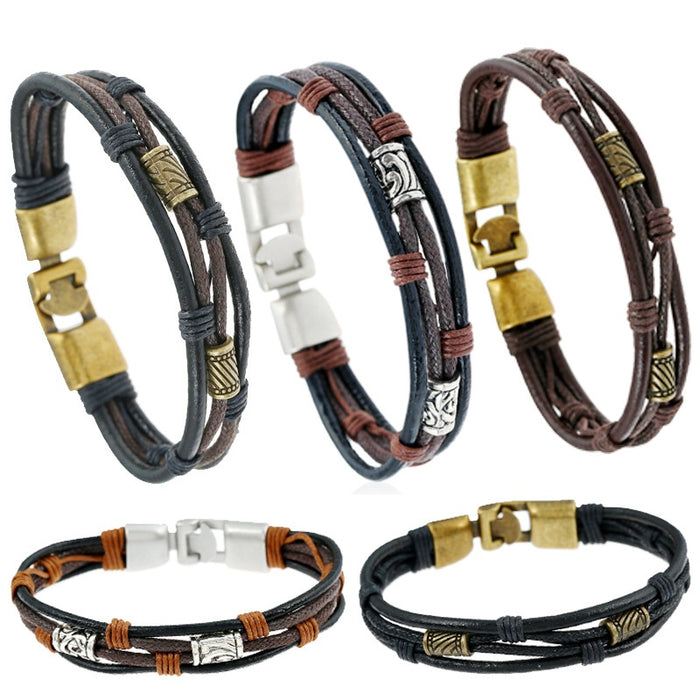 Punk Vintage Alloy Braided Genuine Leather Bracelet European Cowhide Cuff Bangle