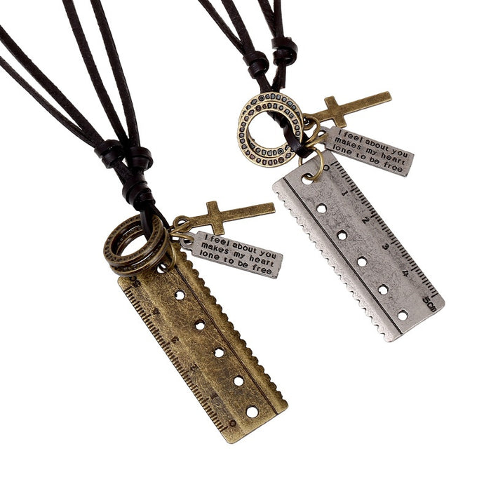 Punk Genuine Leather Necklace With Alloy Ruler Pendant, Fashion Sweater Chain Jewelry