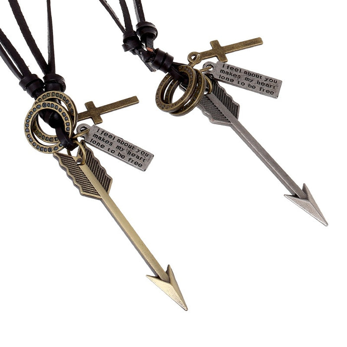 Fashion Genuine Leather Arrow Pendant Necklace, Cowhide Cord Jewelry Accessory