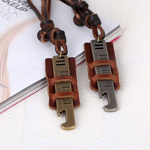 Men's Vintage Minimalist Cowhide Leather Necklace, Trendy Brown Long Sweater Chain