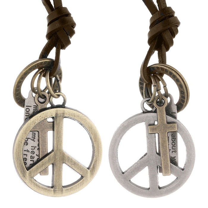 Men's Adjustable Cowhide Leather Necklace With Alloy Peace Sign Pendant Long Sweater Chain
