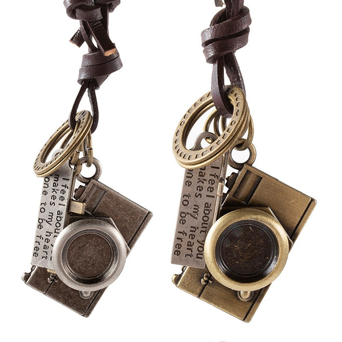 Fashion Adjustable Cowhide Leather Necklace With Alloy Camera Pendant Unisex Long Chain