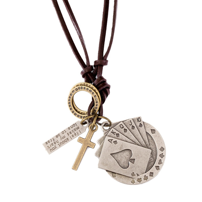 Adjustable Cowhide Leather Necklace With Playing Card Pendant Unisex Long Sweater Chain