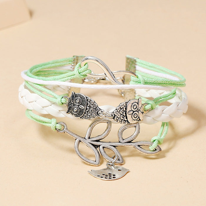 European American Bright Owl Multi Layer Braided Leather Bracelet Fashion Student Accessory