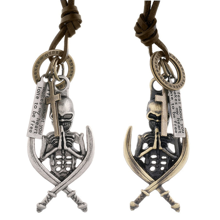 Vintage Punk Cowhide Leather Skull Pendant Necklace, Long Sweater Chain Hip Hop Accessory