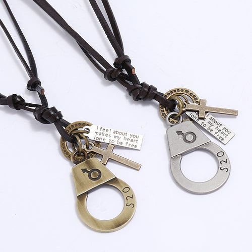 Vintage Cowhide Leather Couple Necklace With Antique Alloy Pendant, Student Gift Jewelry
