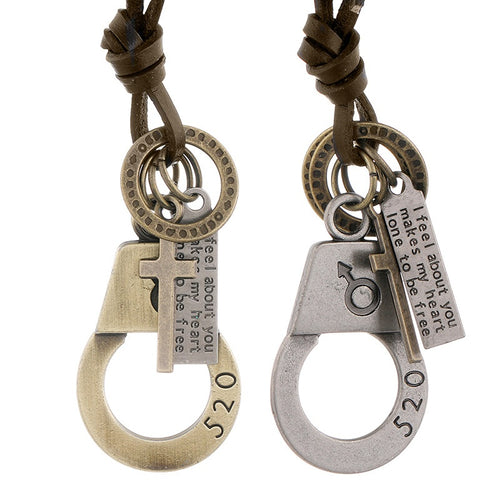 Vintage Cowhide Leather Couple Necklace With Antique Alloy Pendant, Student Gift Jewelry