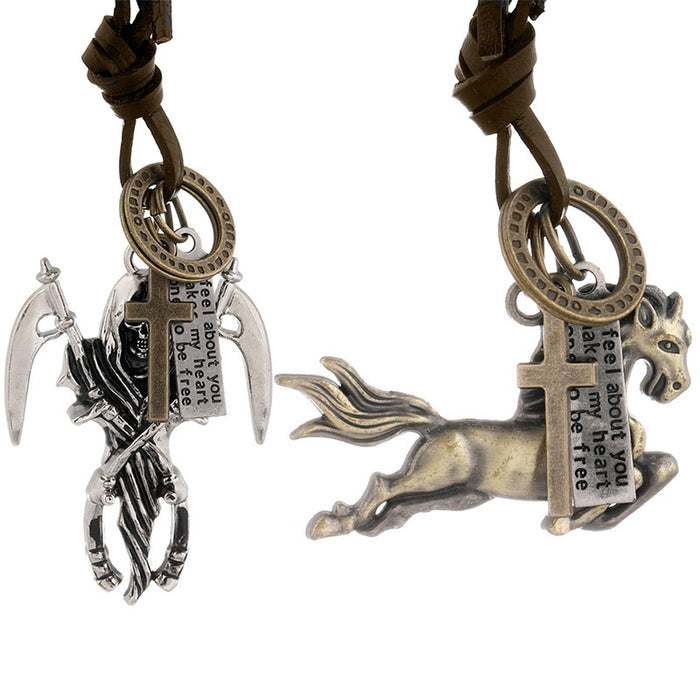 Punk Vintage Adjustable Cowhide Leather Long Necklace With Skull Head Horse Pendant