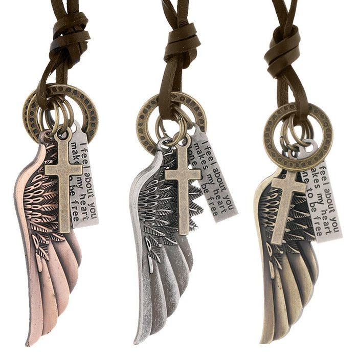 European American Angel Wing Pendant Genuine Leather Necklace Adjustable Long Men's Choker