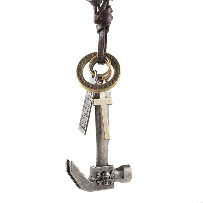 Adjustable Vintage Cowhide Leather Necklace With Alloy Hammer Pendant For Men