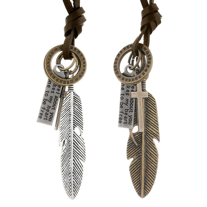 Creative Feather Cowhide Leather Necklace For Men Simple Fashion Long Collarbone Chain