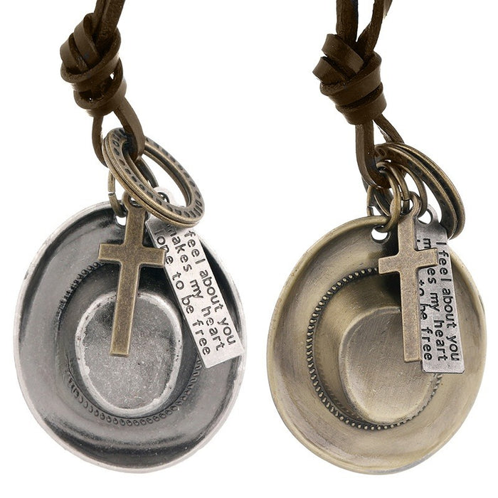 Simple Vintage Adjustable Cowhide Leather Necklace With Hat Pendant Fashion Accessory