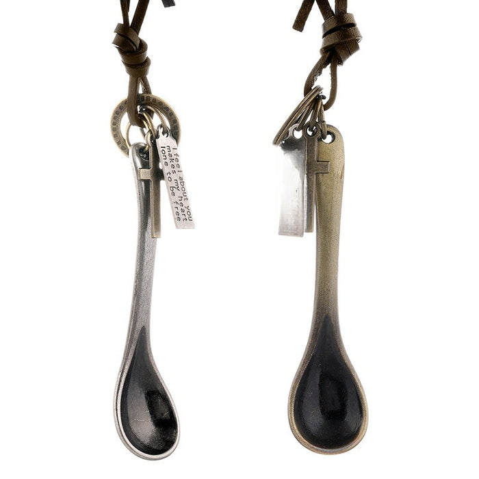 Vintage Simple Cowhide Leather Necklace With Spoon Pendant, Personalized Men's Jewelry