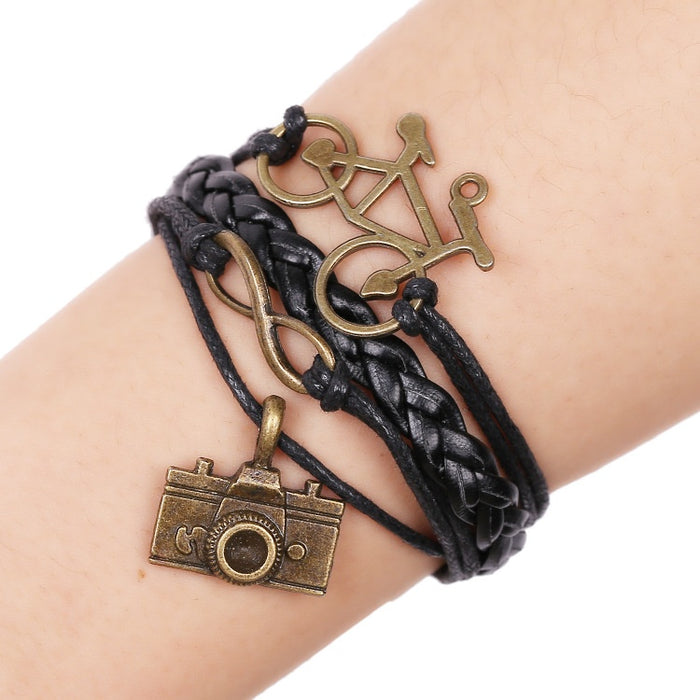 Handmade Braided Alloy Bicycle Camera And Infinity Charm Bracelet European American Jewelry