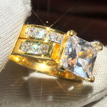 Princess Cut Couple Ring Set Clear Stones Silver Gold Tones