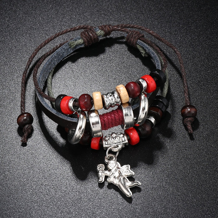 European American Women's Beaded Leather Bracelet With Small Key Pendant Braided Wrist Jewelry