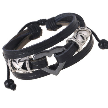 Punk European American Beaded Cowhide Leather Bracelet With Heart Charm For Couples Fashion Bangle